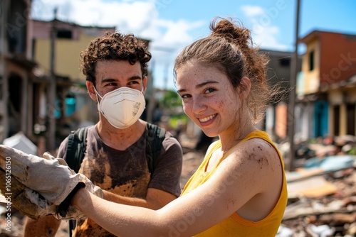 A smiling young woman with dusty clothes assists a masked person in cleaning debris in an urban post-disaster setting, illustrating resilience and communal effort. photo