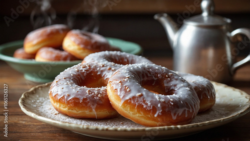 Glazed donuts dusted with powdered sugar, arranged on a vintage plate with a warm, inviting kitchen background.