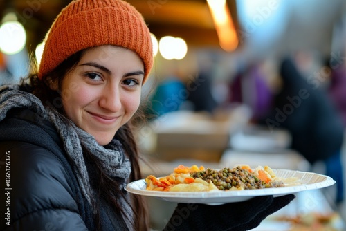 A young girl in a beanie smiles as she offers a colorful winter feast outdoors, reflecting joy, community spirit, and the warmth of the season. photo