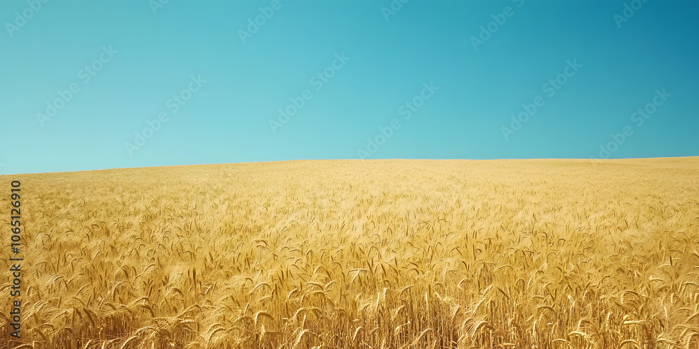 Fototapeta premium Vast field of golden wheat under clear blue sky