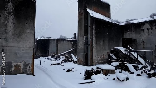 Snow Falling on Abandoned Industrial Ruins, Snow-Covered Ruins with Crumbling Walls in Winter
