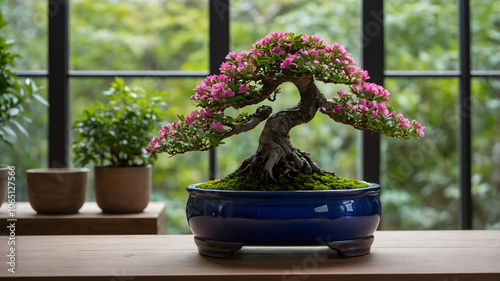 Closeup of a Bonsai plant in a blue pot, placed on a wooden table, and a large window in the background