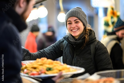 A smiling volunteer is seen happily providing a dish to a participant at a community soup kitchen, radiating kindness and benevolence amid the bustling environment.