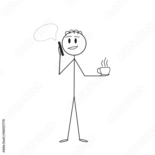 pictogram, stick man with phone and cup of coffee, smiling, friendly, emotions, flat vector illustration