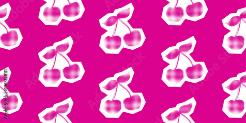 Halftone seamless cherry pattern. Pop art print, retro pink background for textile, wrapping paper, fabric, wallpaper, backdrop, cover. Vector