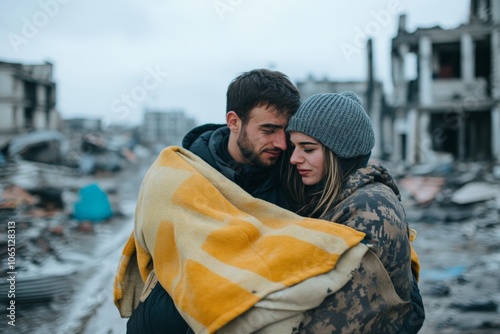 A couple embraces in a somber environment, wrapped in a thick blanket amid urban ruins, signifying unity, solace, and enduring love despite adversity. photo