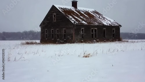 Snowfall on Abandoned Farmhouse in Open Field, Winter Snow Falling on Deserted Farmhouse
