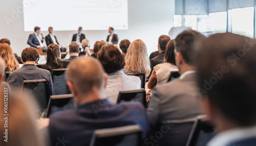 Interview and round table discussion at business convention and presentation. Audience at the conference hall. Business and entrepreneurship symposium. photo