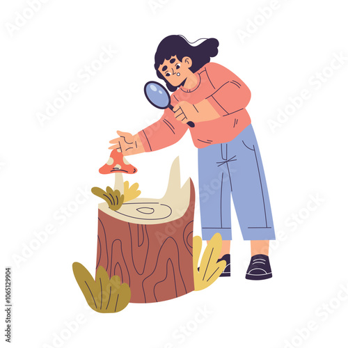 Girl Studying Mushroom Plant with Magnifier Exploring Nature Vector Illustration