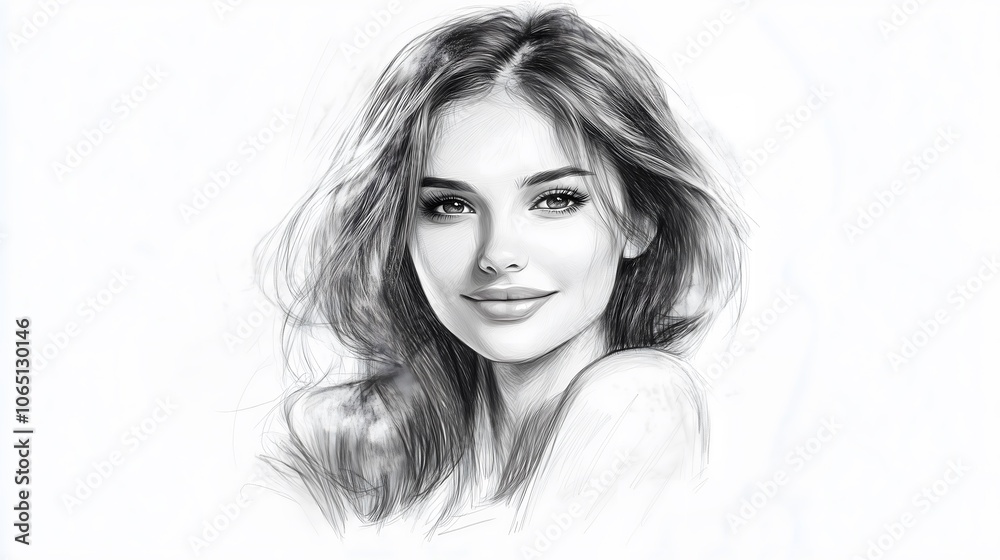 Naklejka premium Realistic Pencil Sketch Portrait of Woman with Intense Gaze and Flowing Hair in Monochrome_1