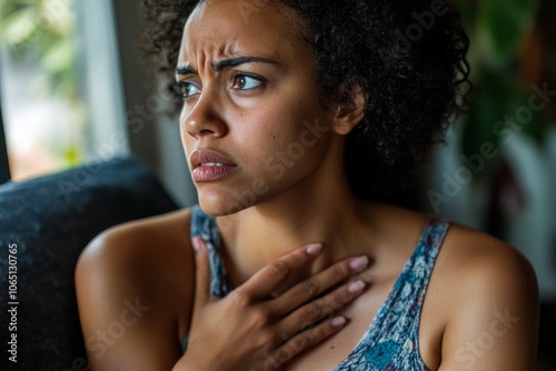 A contemplative woman with an introspective gaze holds her hand on her throat, staring outdoors with furrowed brows, conveying emotions of concern and uncertainty.