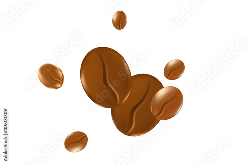 Cute 3D roasted coffee beans isolated PNG, transparent background. Elegant coffee seeds decoration element for cafe menu presentation, coffee shop poster ads, infographics, commercial banner sticker