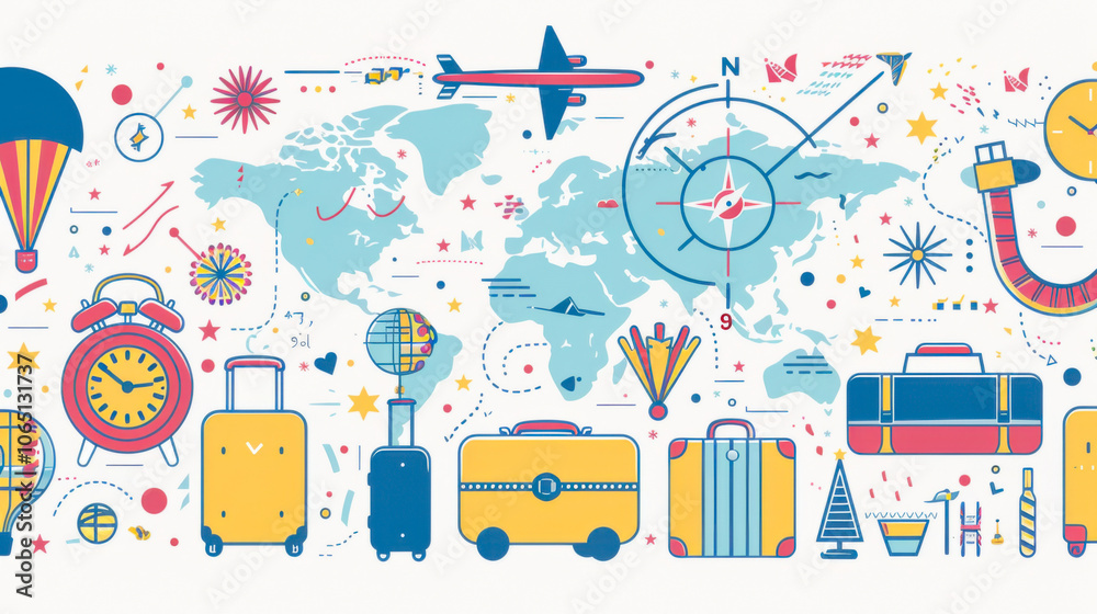 Fototapeta premium Colorful travel and vacation icons with world map background