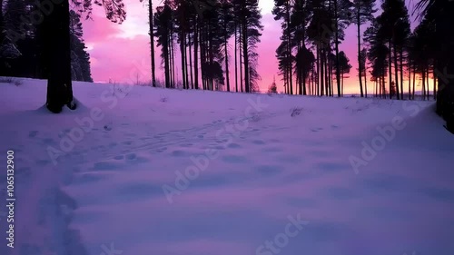 Snowfall on Forest with Pink and Purple Sky, Winter Forest with Vibrant Sky and Snowfall
