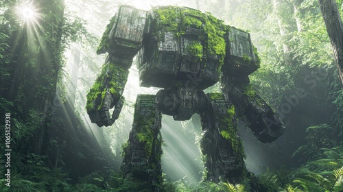 A giant moss-covered robot stands tall in a lush, vibrant forest