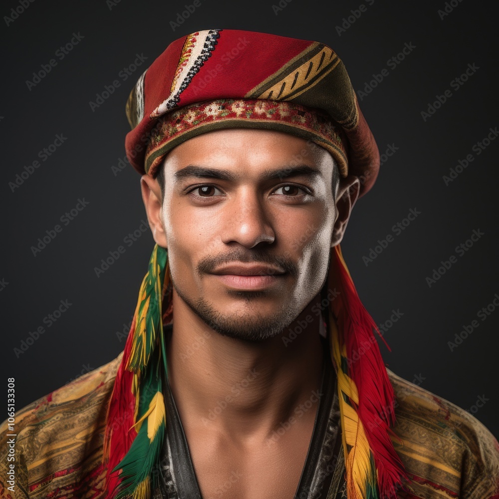 Obraz premium Brazilian man in traditional outfit with warm smile against a vibrant studio background