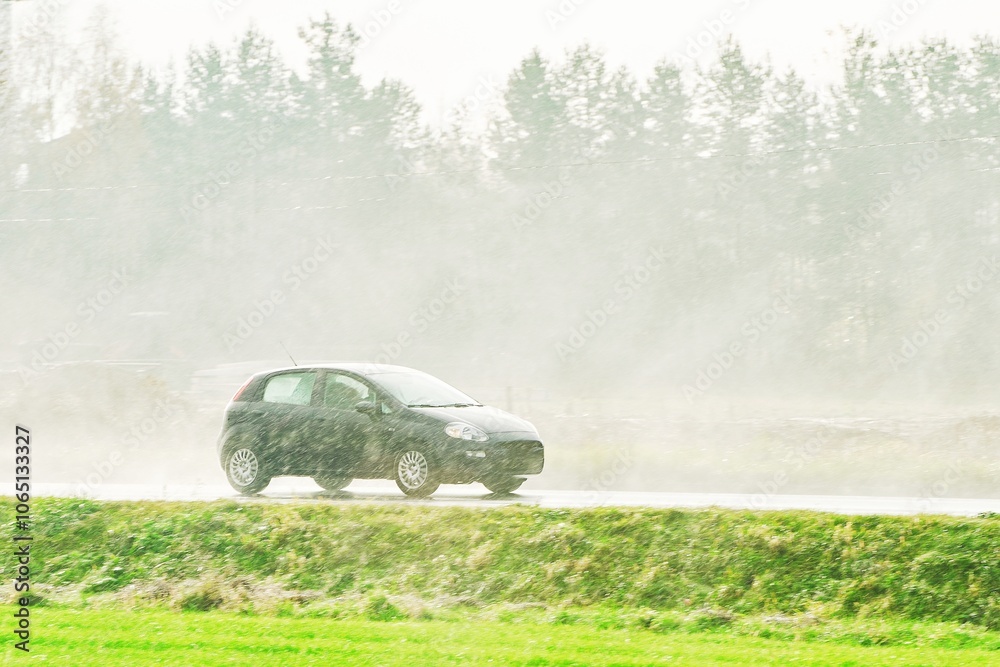 Fototapeta premium Car driving on rainy day through heavy downpour