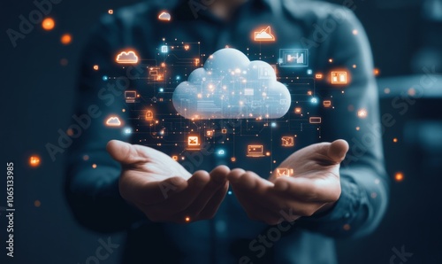 An image combining a cloud architect with clouds and digital infrastructure, symbolizing cloud computing solutions