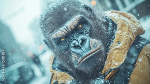 A mysterious figure in a winter coat appears in a snow-covered city street, capturing attention with striking eyes and a gorilla mask photo