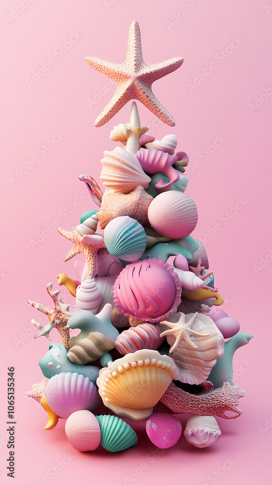 Obraz premium 3D animated christmas ornament featuring seashells and sea creatures with a starfish on top, made from beach elements