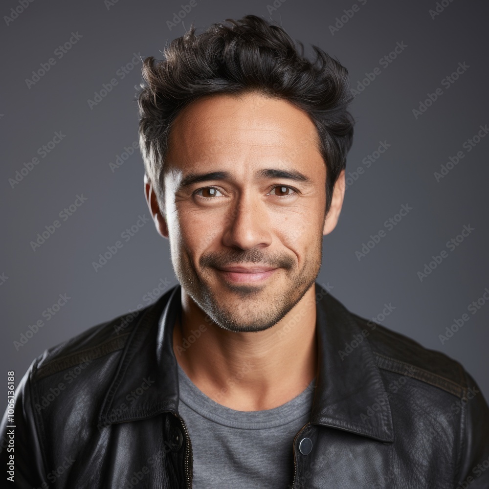 Fototapeta premium Man with tousled hair wearing a casual top and a relaxed smile on a minimalist studio background