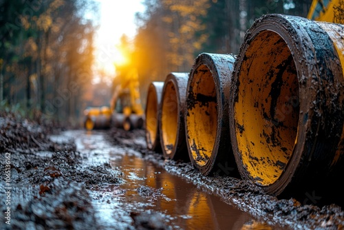 Yellow Pipes Laid in Mud and Water During Construction photo