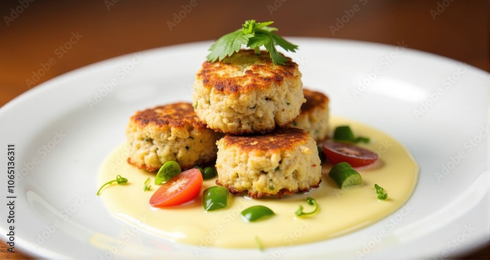 Delicious savory cakes on creamy sauce Delicious savory cakes on creamy sauce