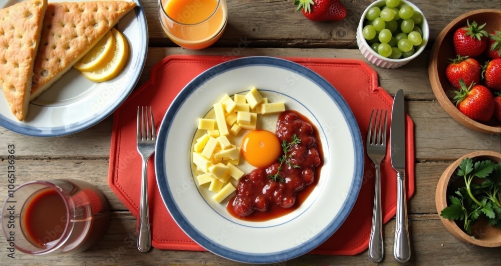 Breakfast spread on a wooden table
