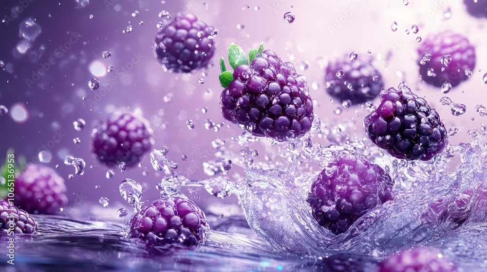 Fresh blackberries splashing in clear water with vibrant purple background showcasing their juicy texture and natural sheen Fresh blackberries splashing in clear water with vibrant purple background showcasing their juicy texture and natural sheen