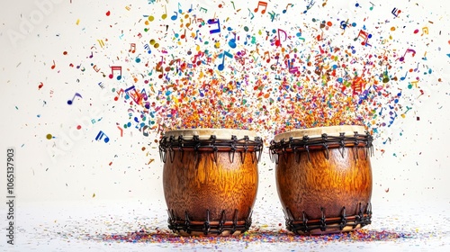 Two traditional drums set against a plain background explode with vivid colors and musical notes, capturing the essence and celebration of musical expression. photo