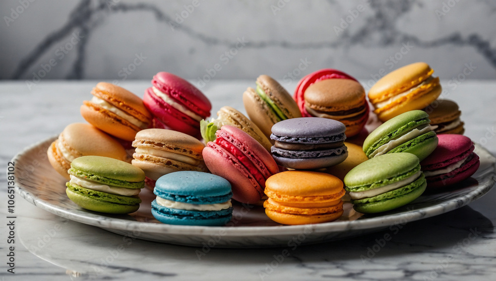 custom made wallpaper toronto digitalAssorted colorful macarons neatly arranged on a marble plate, creating an elegant dessert presentation.