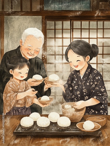 A joyful family moment preparing rice balls together in a traditional setting. photo