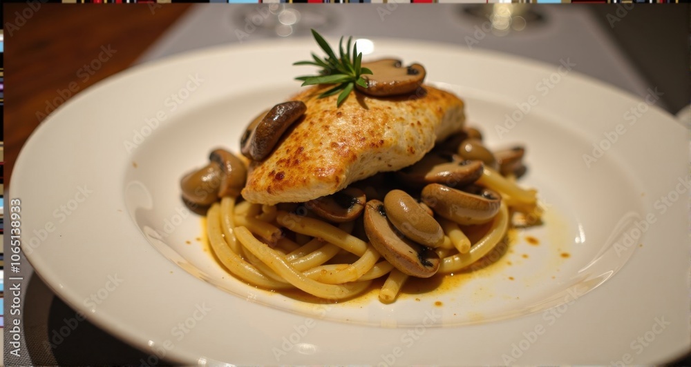 Delicious salmon on pasta with mushrooms Delicious salmon on pasta with mushrooms