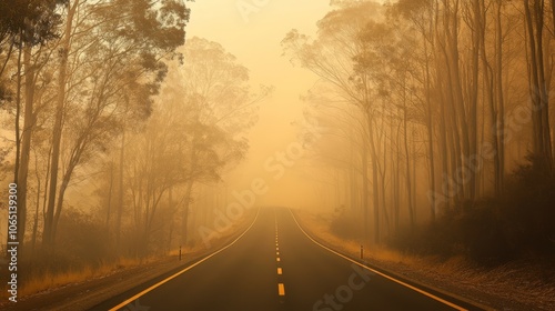 Misty Road Through Eucalyptus Trees at Dawn