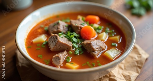 Hearty meatball soup with fresh vegetables