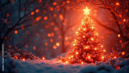 Glistening Christmas Tree Adorned With Lights Shines Brightly in Snowy Forest During Tranquil Winter Evening, Creating Warm Glow in Serene Landscape Perfect for Festive Celebration & Family Gathering
