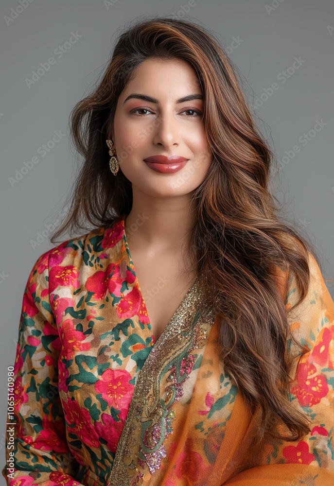 Middle-aged fashionable Indian Woman in Ethnic Dress and Fashion Accessories, Smiling Studio Portrait, Head to Waist Shot Middle-aged fashionable Indian Woman in Ethnic Dress and Fashion Accessories, Smiling Studio Portrait, Head to Waist Shot