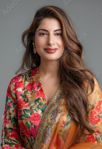 Middle-aged fashionable Indian Woman in Ethnic Dress and Fashion Accessories, Smiling Studio Portrait, Head to Waist Shot