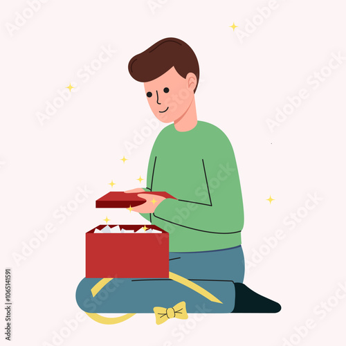 Festive Flat Design: Man Opening a Christmas or New Year Gift in Flat Illustration. Holiday Cheer for Holiday and Birthday Themes vector illustration