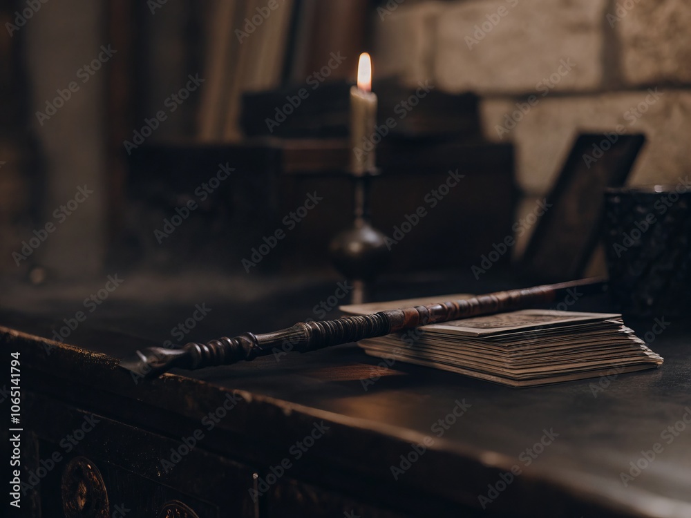 Obraz premium A mysterious wand resting on a dark wooden table, surrounded by candles and mystical cards in a cozy, enchanted setting.
