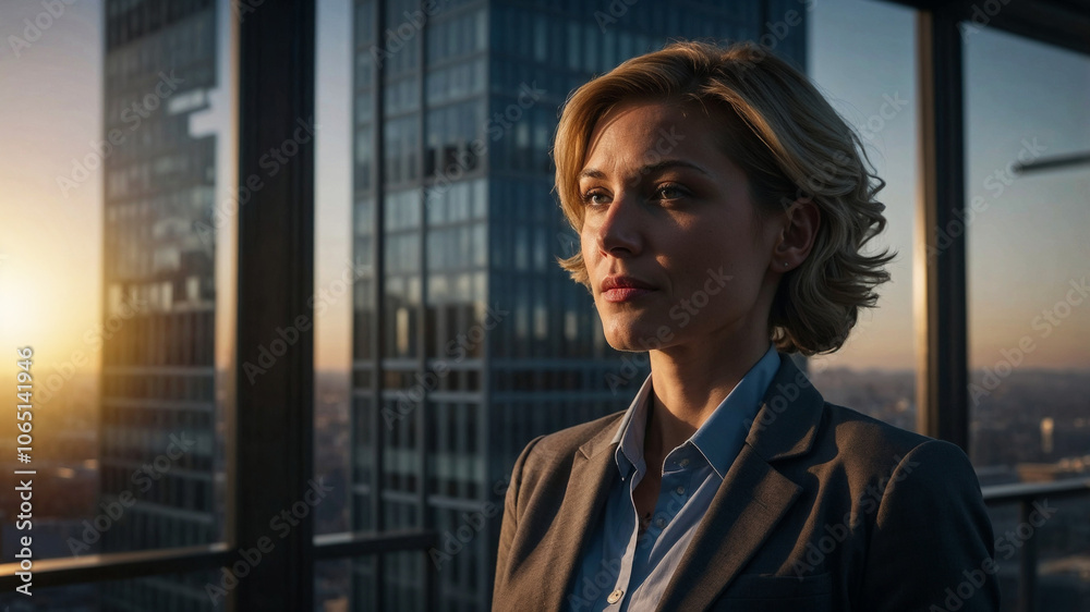 Fototapeta premium A Professional Business Woman in a Building at Sunset