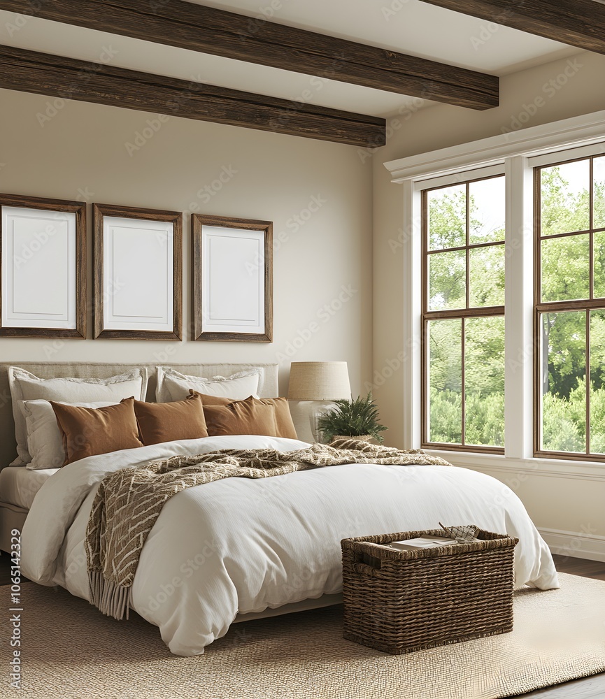 Naklejka premium Modern Bedroom Interior with Natural Wood Beams and Large Window