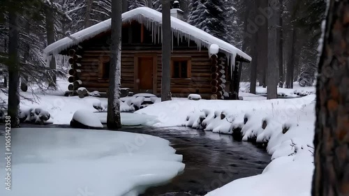 Snow-Covered Log Cabin by Frozen Stream, Winter Log Cabin with Snow and Icy Stream
