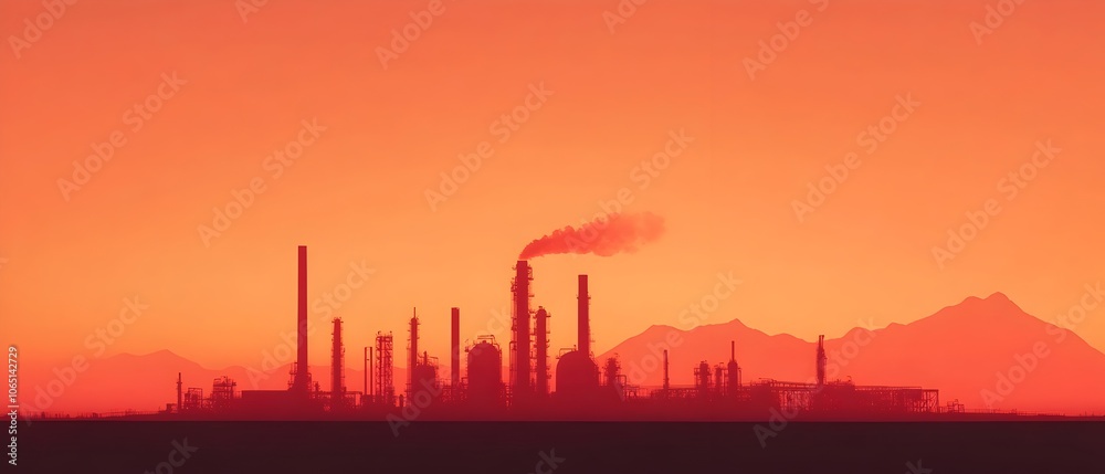 Dramatic dusk scene with vibrant sunset tones blending over the horizon of a desert oil refinery Dramatic dusk scene with vibrant sunset tones blending over the horizon of a desert oil refinery