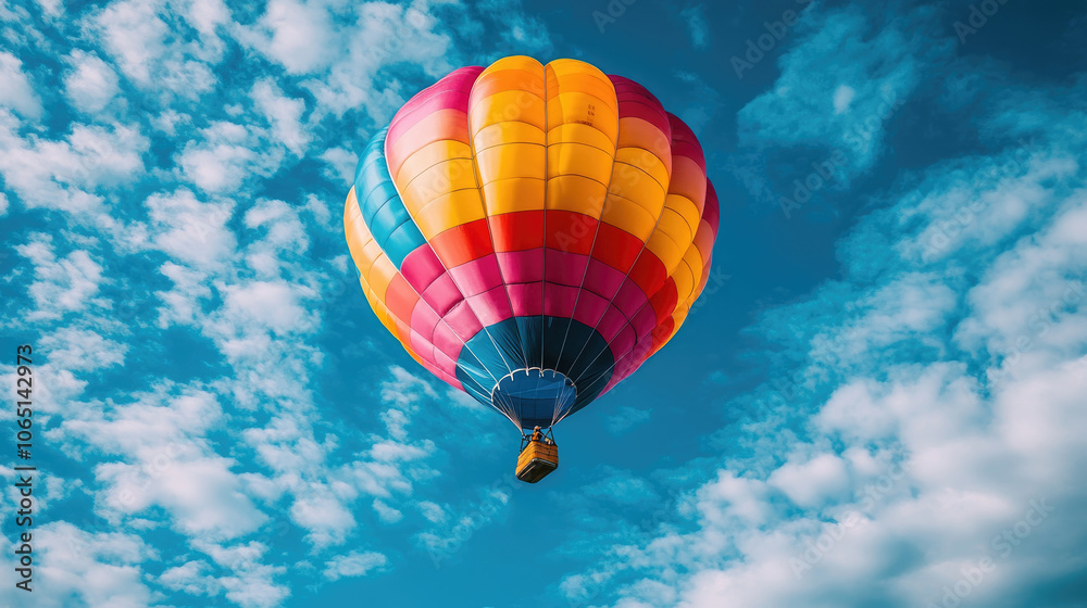 Obraz premium A vibrant hot air balloon drifts gracefully through a clear sky, surrounded by white fluffy clouds on a sunny afternoon