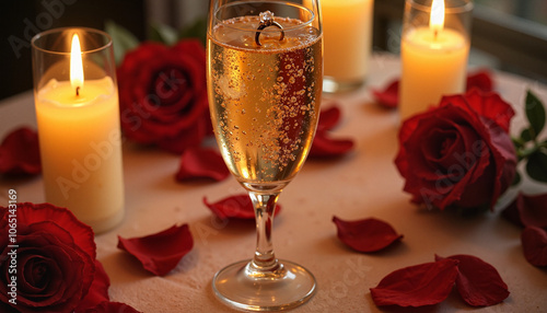 Elegant glass of sparkling drink with an engagement ring, surrounded by candles and red rose petals photo