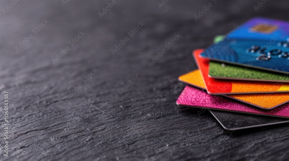 A colorful stack of various credit cards resting on a textured dark surface, showcasing their distinctive designs and finishes.