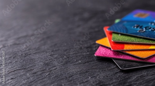 Obraz na płótnie A colorful stack of various credit cards resting on a textured dark surface, showcasing their distinctive designs and finishes. w salonie