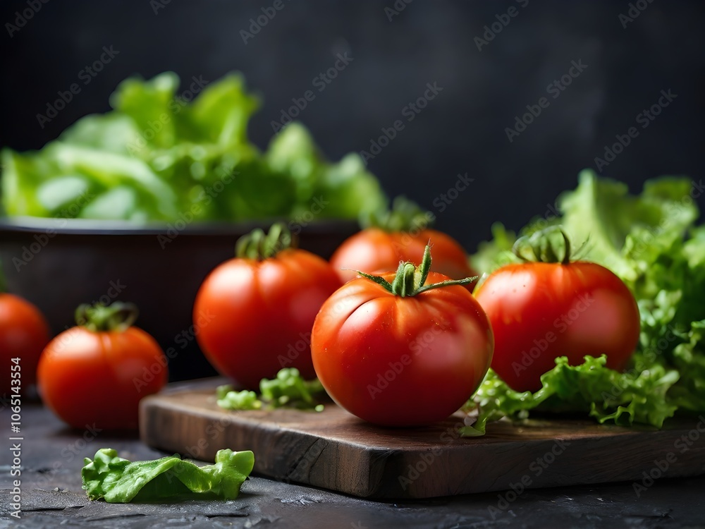 Fresh tomatoes with fresh lettuce on top against a dark background Fresh tomatoes with fresh lettuce on top against a dark background