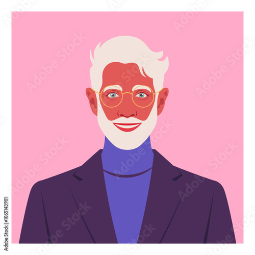 Portrait of happy elderly man with beard. Face of smiling grandfather. Vector flat illustration